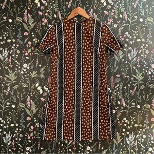 Brown Floral Stripe Short Sleeve Dress